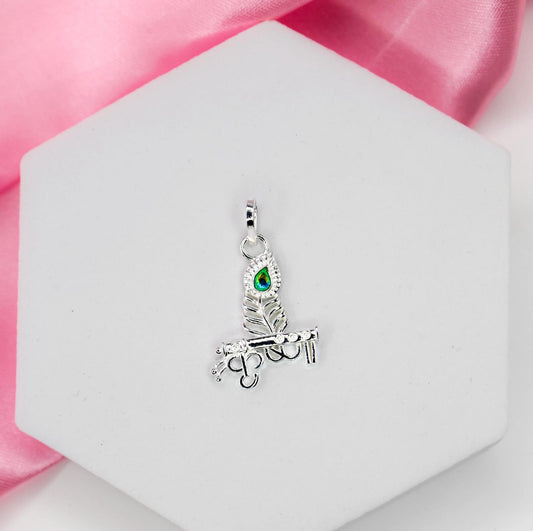 Krishna Flute & Peacock Feather Pendant – Divine Charm in Silver
